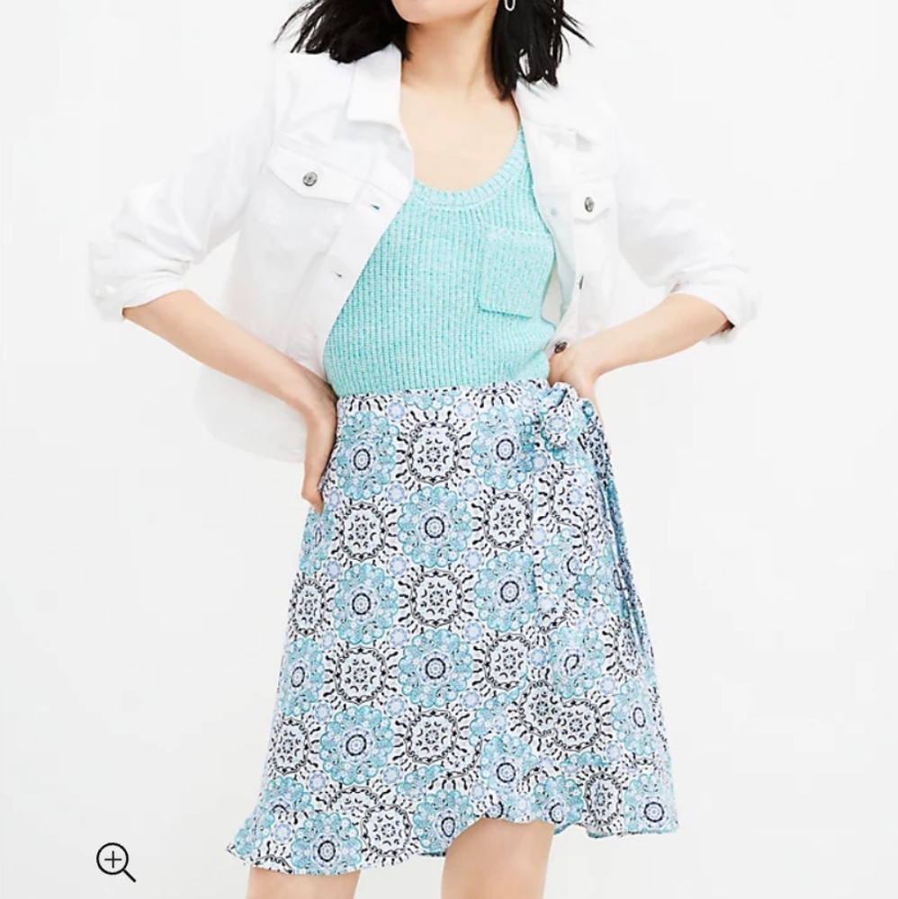 Loft Medallion Ruffle Wrap Skirt Women's 4 Blue Black Linen Floral Cottagecore